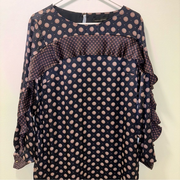 Banana Republic 100% Silk Foulard Long Sleeve Shift Mini Dress Blue Red Ruffle - Picture 5 of 15